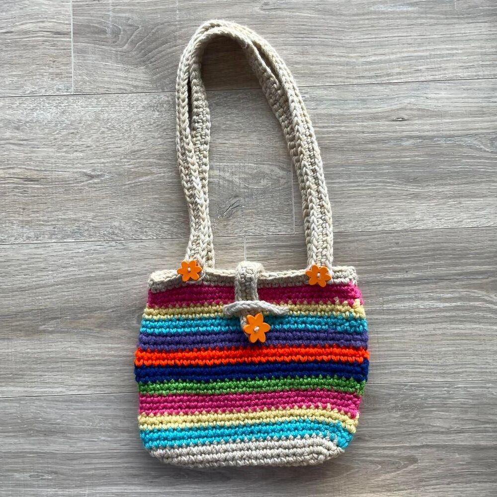 Vintage Multicolored Rainbow Crochet Shoulder Bag Hippie Daisy Festival Indie